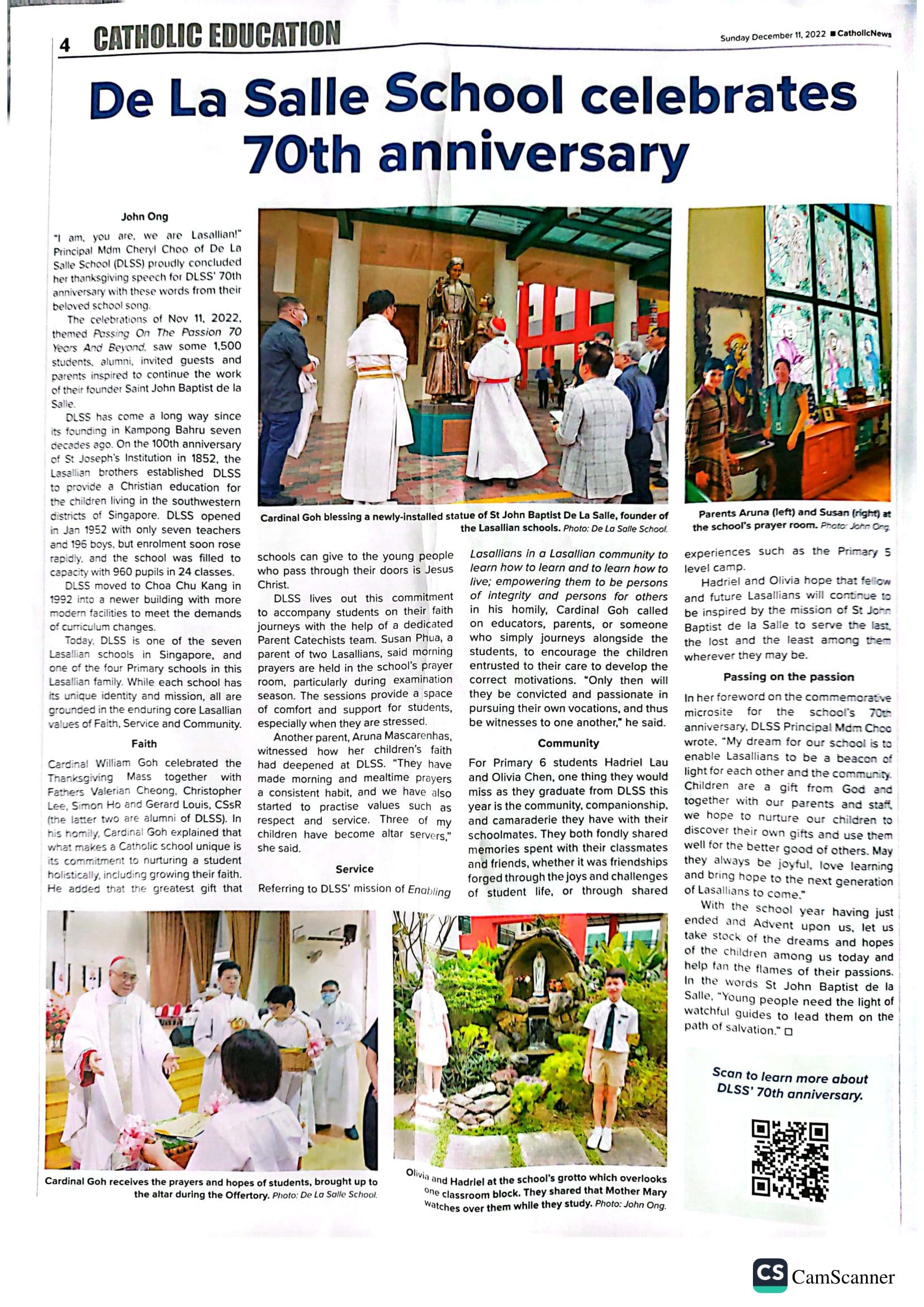 Newspaper article titled "De La Salle School celebrates 70th anniversary" with photos of a cardinal blessing a statue.